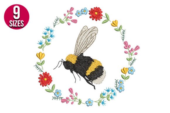 Bee with Floral Wreath Embroidery Design